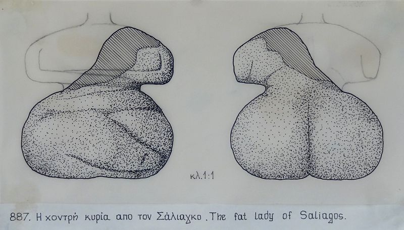 Debela dama (The Fat Lady of Saliagos) - Crtež, koji prikazuje i deo koji nedostaje, je nastao na osnovu originala koji se nalazi u Arheološkom muzeju na ostrvu Paros.